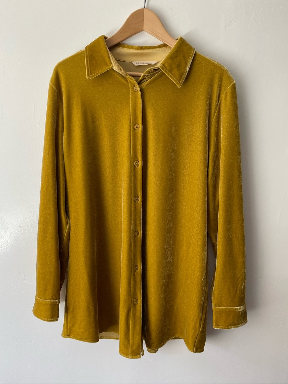 Soft Surroundings Chartreuse Velvet Boyfriend Button Down Tunic Top Sz L Women's